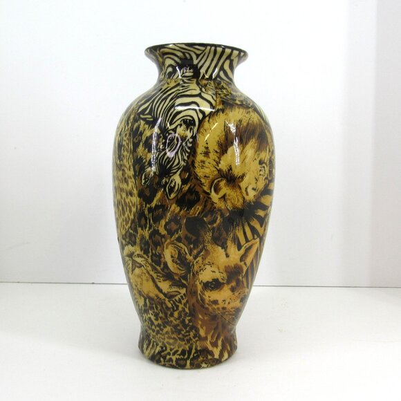 Ceramic African Safari Patchwork Vase Lions Leopards and Zebra 9 Inch Tall - Picture 1 of 7